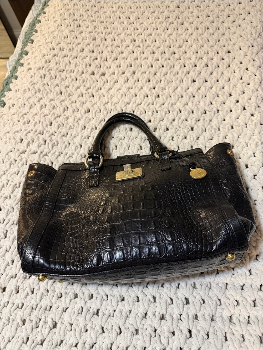 Brahmin Black Croc-Embossed Leather Satchel with Gold Hardware - Picture 3 of 6